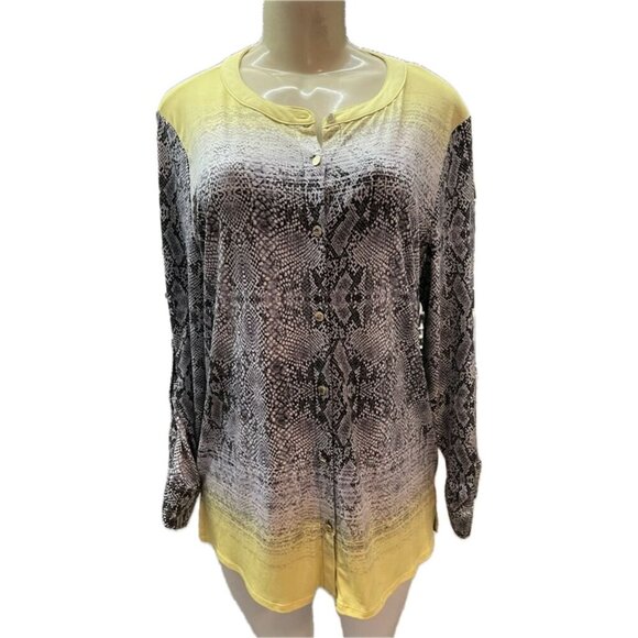 Dana Buchman L Black Faded Snake Print Yellow Accent Button Long Sleeve Shirt - Picture 2 of 6